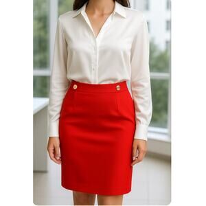 TALBOTS Red Orange A Line Pencil Skirt Gold Button 4 Office Career Work Feminine